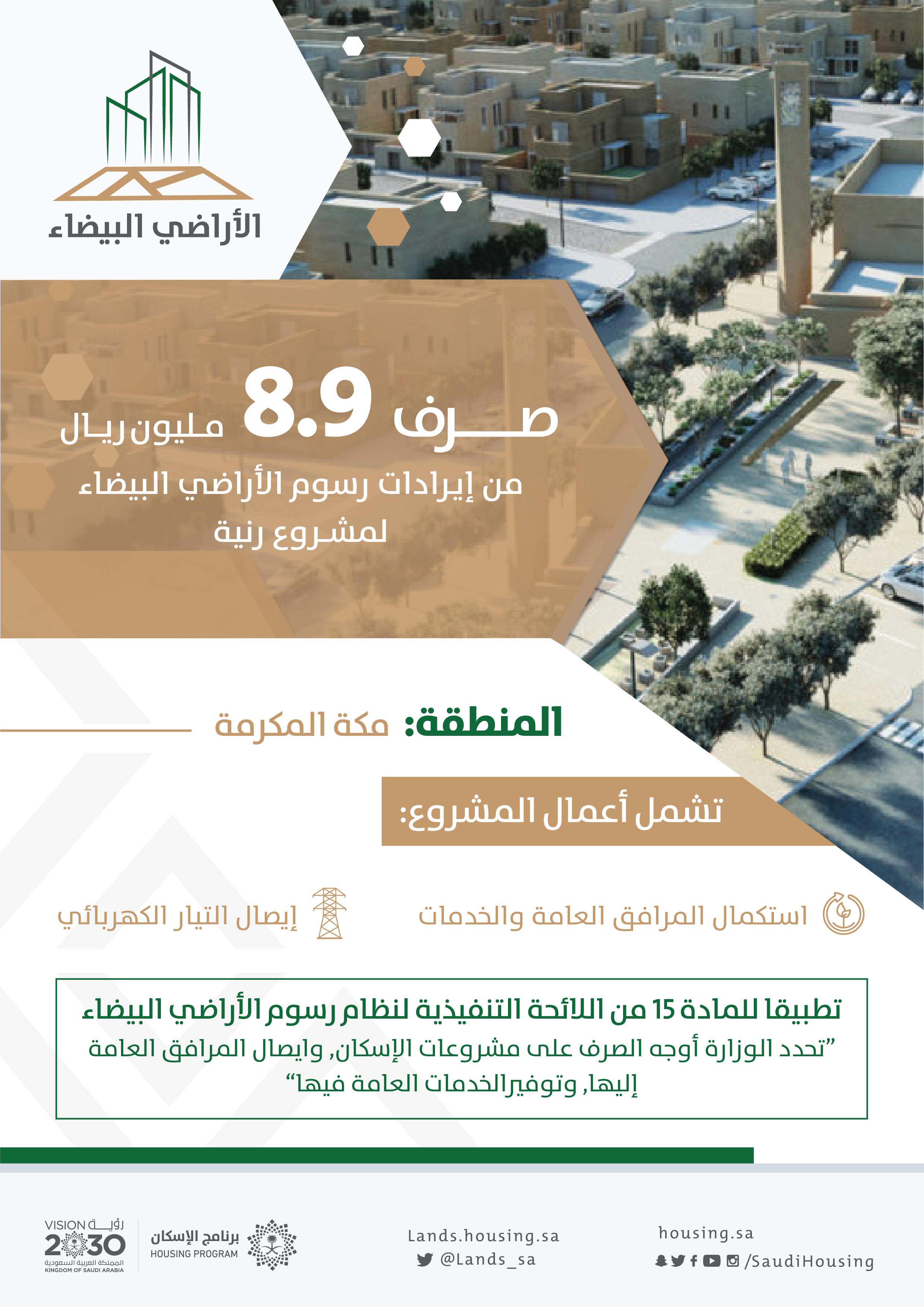 "الأراضي البيضاء": صرف 8,9 مليون ريال لتطوير البنى التحتية لمشروع رنية في مكة المكرمة  