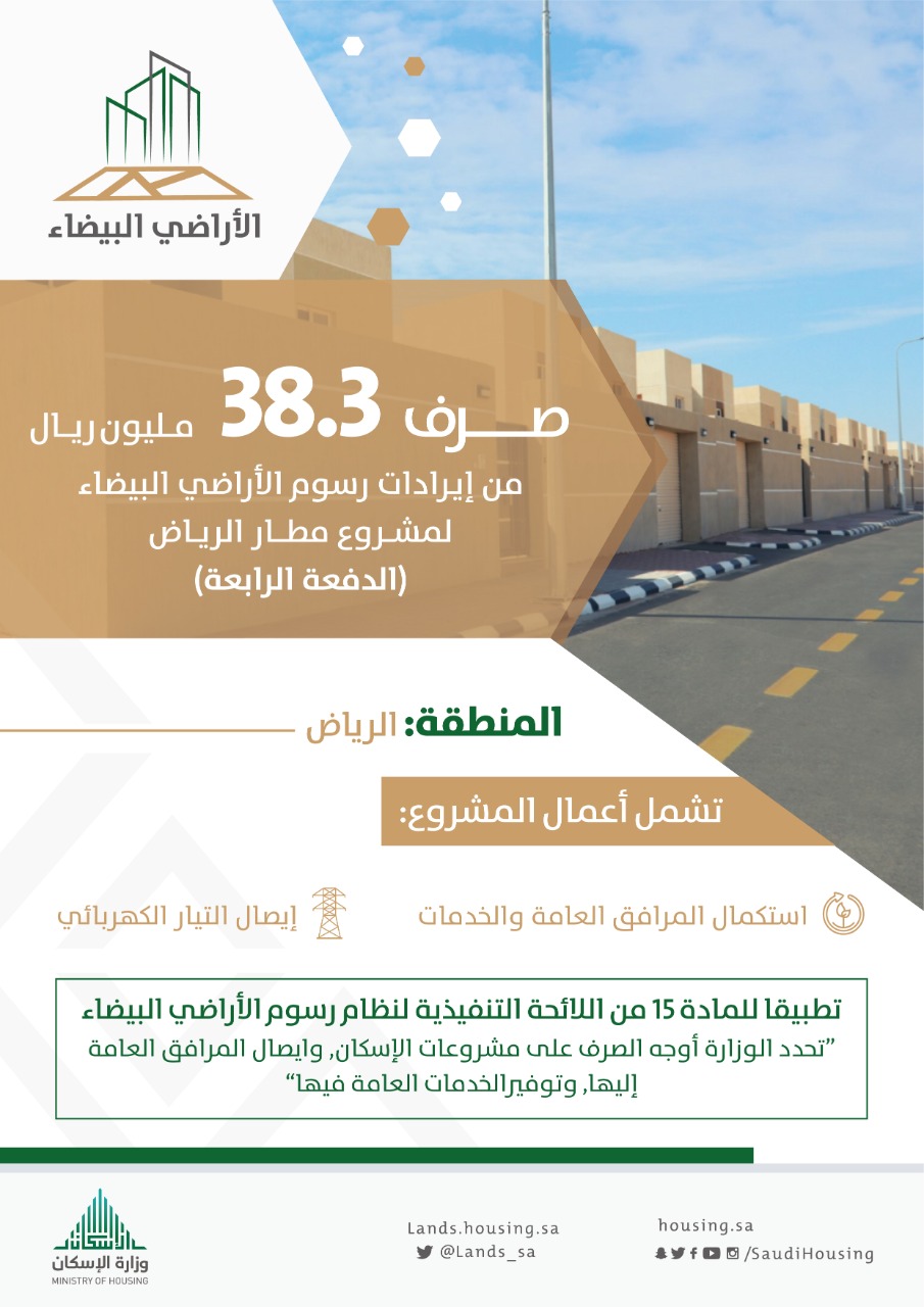 صرف أكثر من 38 مليون ريال من إيرادات رسوم الأراضي لمشروع الإسكان غرب مطار الرياض